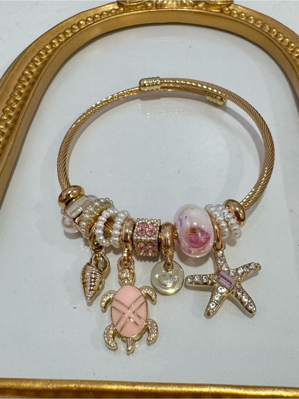 New Gold-Tone Charm Bracelet with Pink Turtle and Starfish Accents